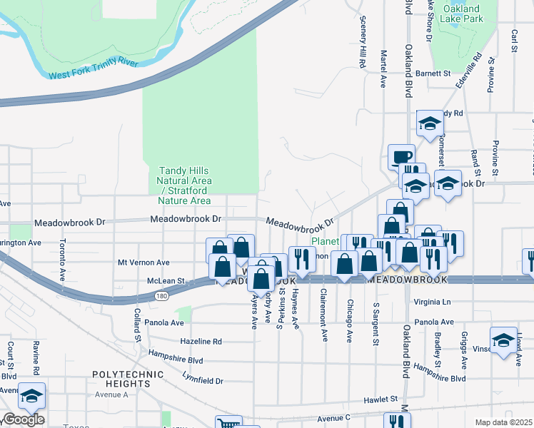 map of restaurants, bars, coffee shops, grocery stores, and more near 2509 North Ayers Avenue in Fort Worth