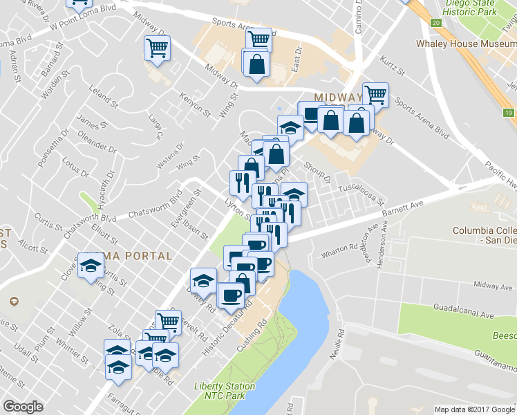 map of restaurants, bars, coffee shops, grocery stores, and more near 2905 Cadiz Street in San Diego