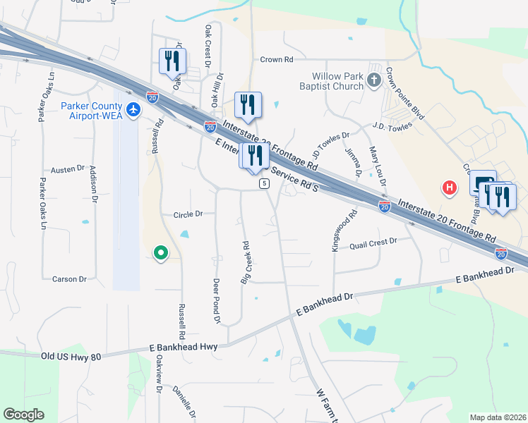 map of restaurants, bars, coffee shops, grocery stores, and more near 216 Annetta Road in Willow Park