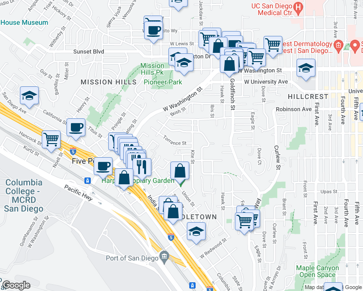 map of restaurants, bars, coffee shops, grocery stores, and more near 1405 Torrance Street in San Diego