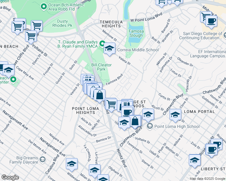 map of restaurants, bars, coffee shops, grocery stores, and more near 2266 Caminito Pescado in San Diego