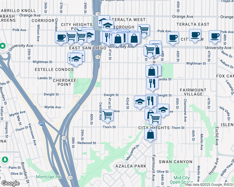 map of restaurants, bars, coffee shops, grocery stores, and more near 3573 41st Street in San Diego