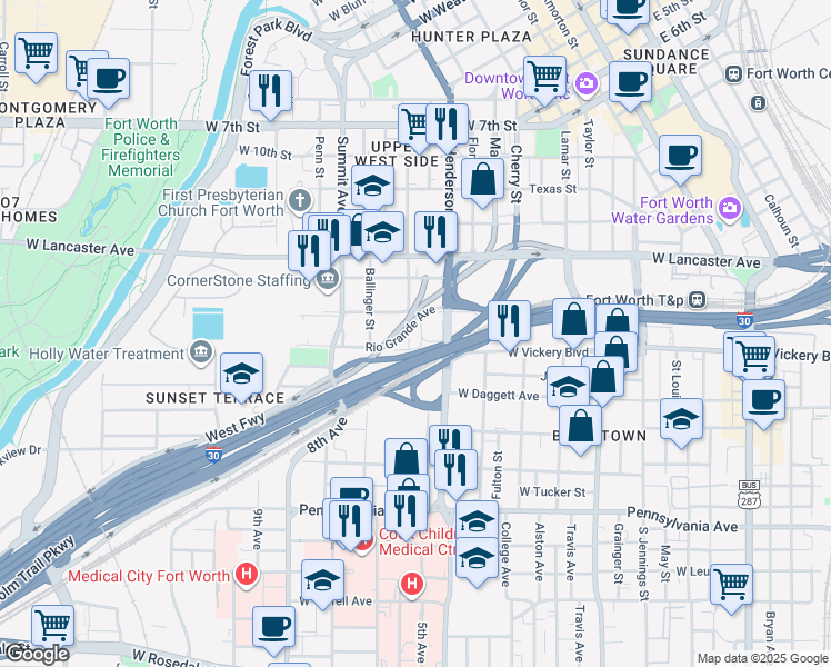 map of restaurants, bars, coffee shops, grocery stores, and more near 1400 Henderson Street in Fort Worth