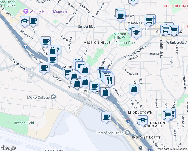 map of restaurants, bars, coffee shops, grocery stores, and more near 3827 Kettner Boulevard in San Diego