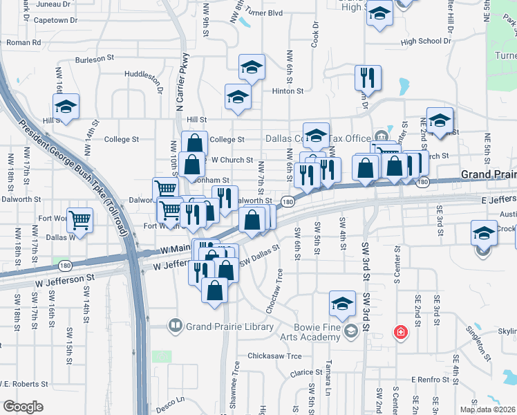 map of restaurants, bars, coffee shops, grocery stores, and more near 617 West Main Street in Grand Prairie