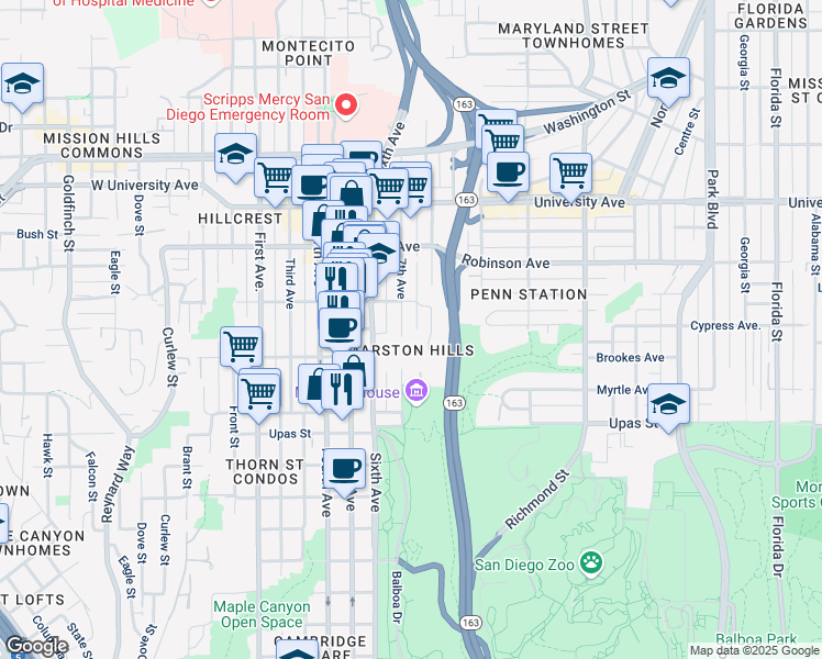 map of restaurants, bars, coffee shops, grocery stores, and more near in San Diego