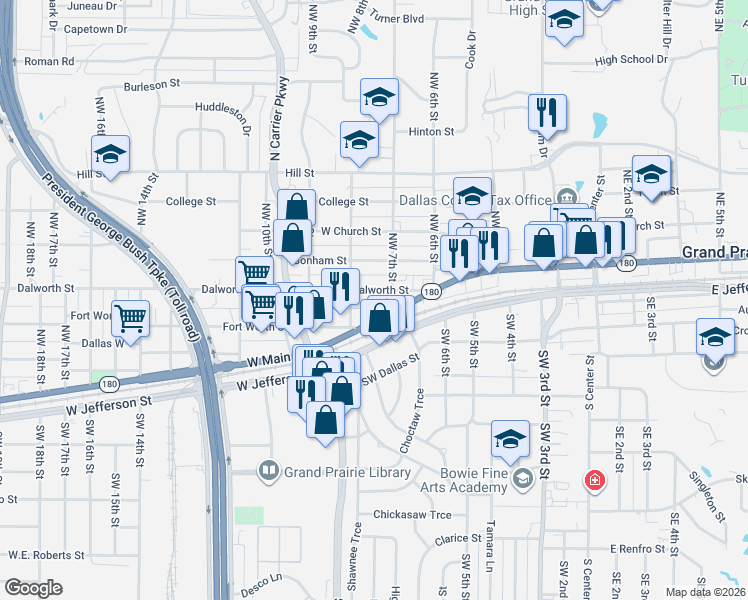 map of restaurants, bars, coffee shops, grocery stores, and more near 617-799 West Main Street in Grand Prairie