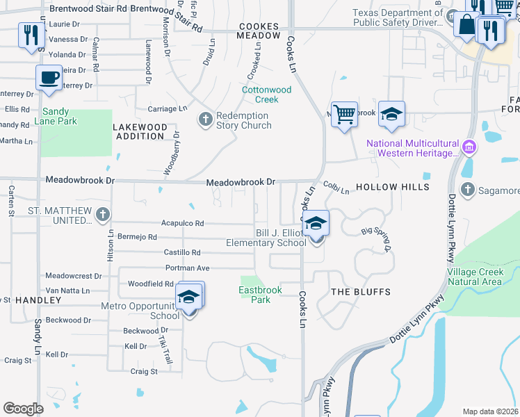 map of restaurants, bars, coffee shops, grocery stores, and more near 2333 Escalante Avenue in Fort Worth