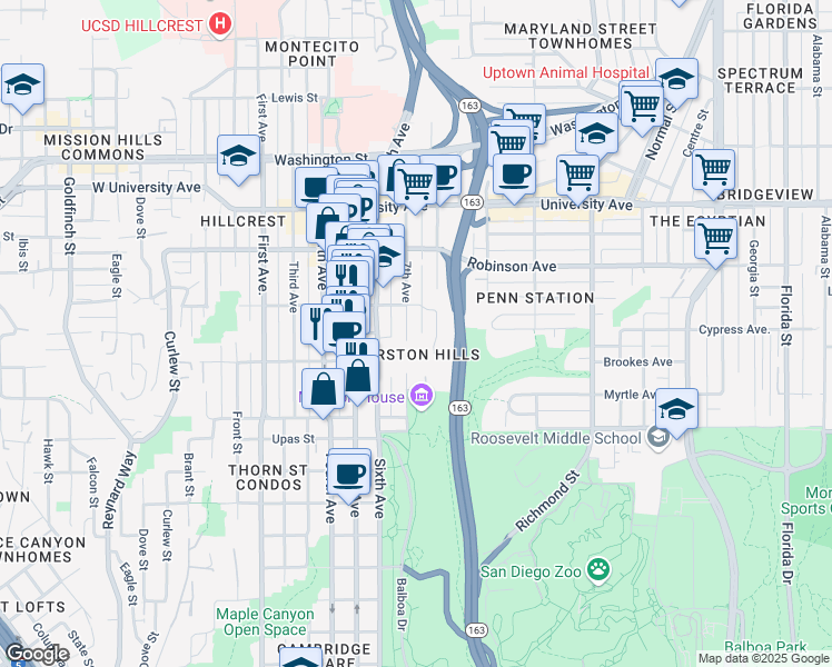 map of restaurants, bars, coffee shops, grocery stores, and more near 3645 7th Avenue in San Diego