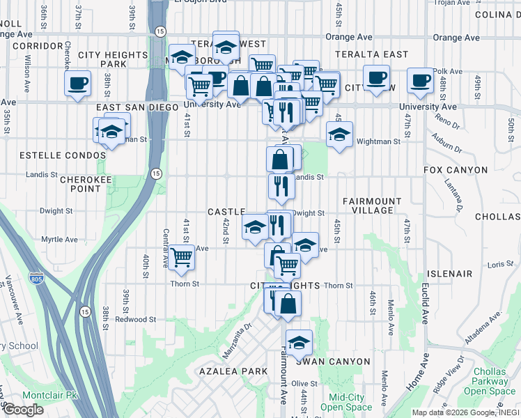 map of restaurants, bars, coffee shops, grocery stores, and more near 4284 Dwight Street in San Diego