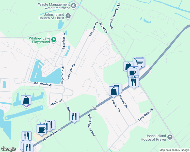 map of restaurants, bars, coffee shops, grocery stores, and more near 2901 Maybry Drive in Johns Island