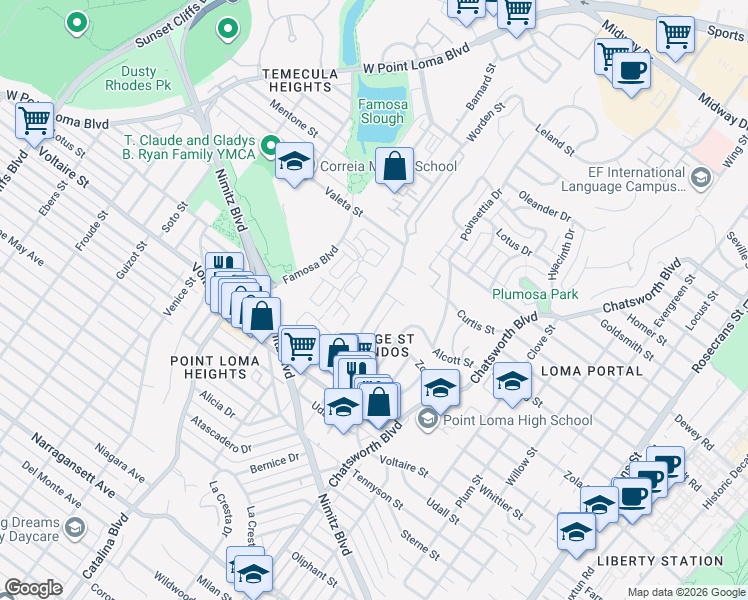 map of restaurants, bars, coffee shops, grocery stores, and more near 2372 Worden Street in San Diego