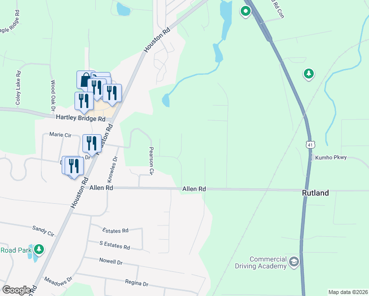 map of restaurants, bars, coffee shops, grocery stores, and more near 2591 Allen Road in Macon