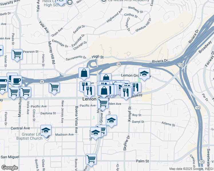 map of restaurants, bars, coffee shops, grocery stores, and more near 7939 Lemon Grove Avenue in Lemon Grove