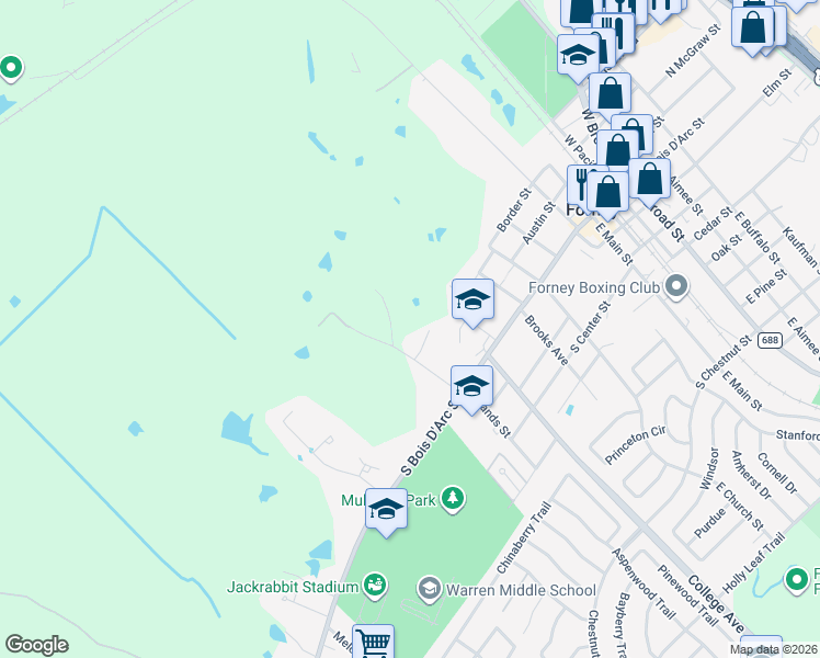 map of restaurants, bars, coffee shops, grocery stores, and more near 323 Kings Court in Forney