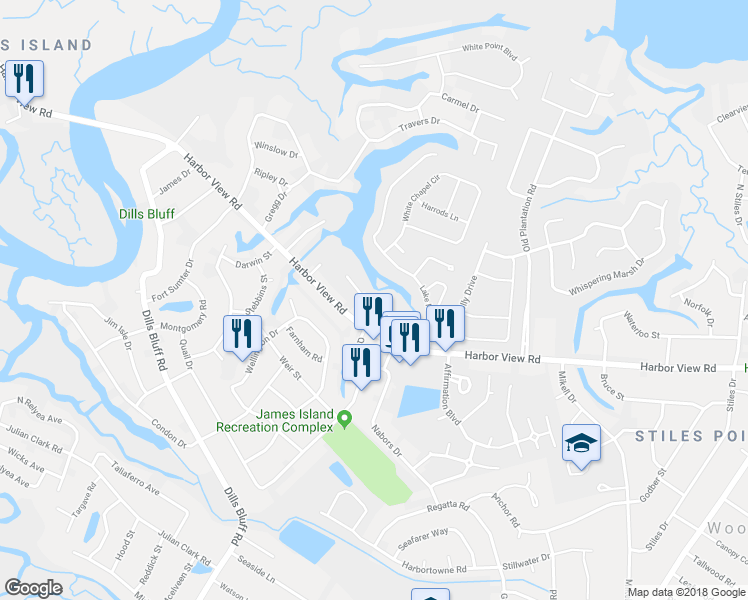 map of restaurants, bars, coffee shops, grocery stores, and more near 836 Harbor Place Drive in Charleston