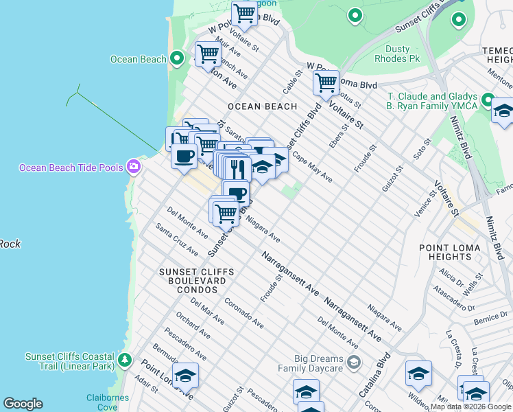 map of restaurants, bars, coffee shops, grocery stores, and more near 4800 Newport Avenue in San Diego