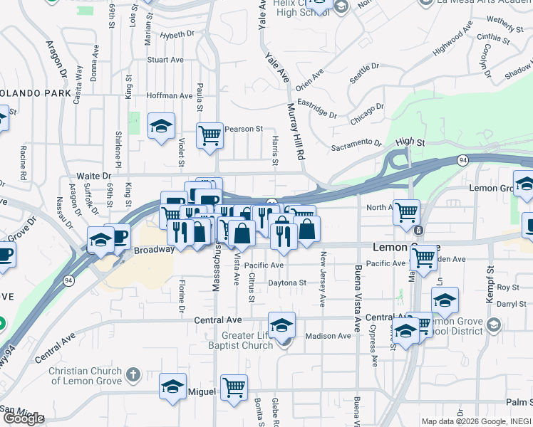 map of restaurants, bars, coffee shops, grocery stores, and more near 7331 North Avenue in Lemon Grove