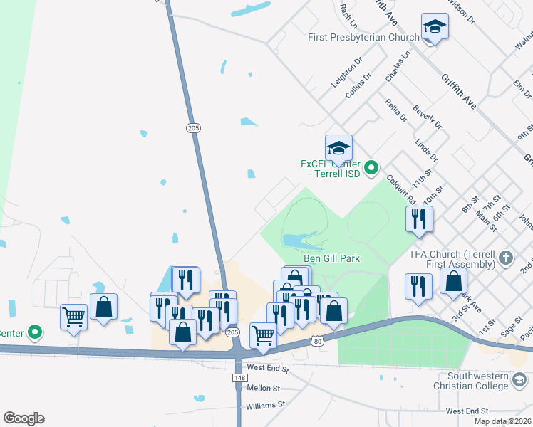 map of restaurants, bars, coffee shops, grocery stores, and more near 201 Timber Court in Terrell