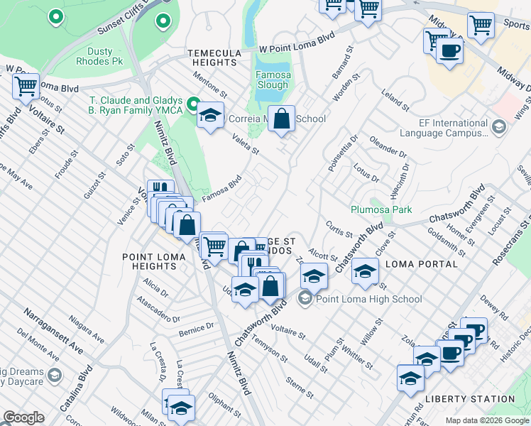 map of restaurants, bars, coffee shops, grocery stores, and more near 2372 Worden Street in San Diego