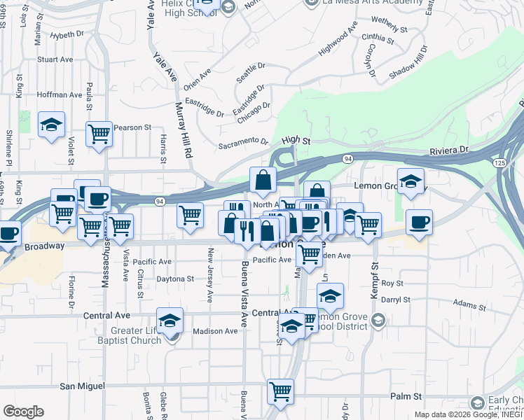 map of restaurants, bars, coffee shops, grocery stores, and more near 7666 North Avenue in Lemon Grove