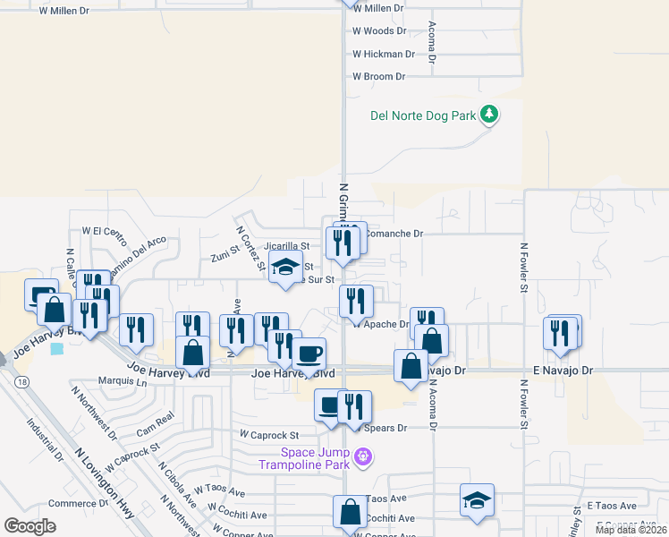map of restaurants, bars, coffee shops, grocery stores, and more near 4100 North Apodaca Street in Hobbs