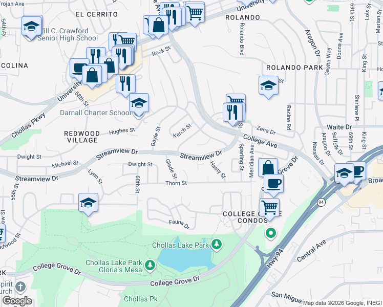 map of restaurants, bars, coffee shops, grocery stores, and more near 6212 Streamview Drive in San Diego