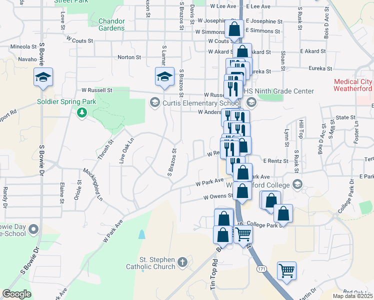 map of restaurants, bars, coffee shops, grocery stores, and more near 312 West Rentz Street in Weatherford