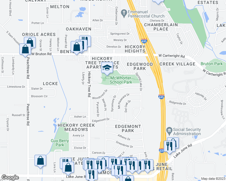 map of restaurants, bars, coffee shops, grocery stores, and more near 1408 Woodcrest Drive in Mesquite