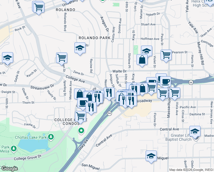 map of restaurants, bars, coffee shops, grocery stores, and more near 3720 Nassau Drive in San Diego