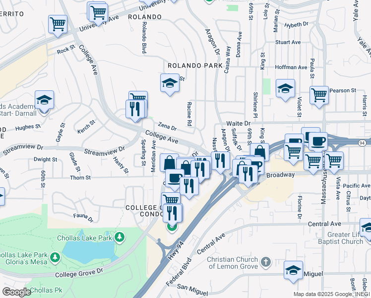 map of restaurants, bars, coffee shops, grocery stores, and more near 3517 College Avenue in San Diego
