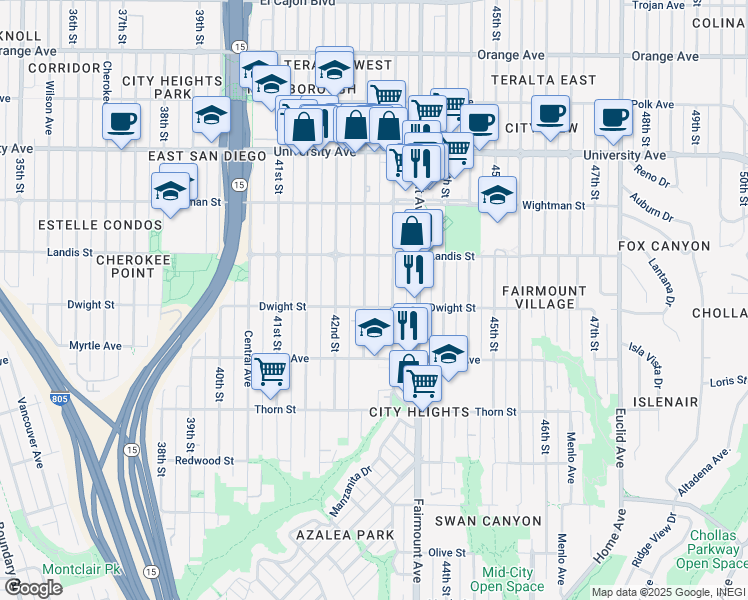 map of restaurants, bars, coffee shops, grocery stores, and more near 3648 Van Dyke Avenue in San Diego