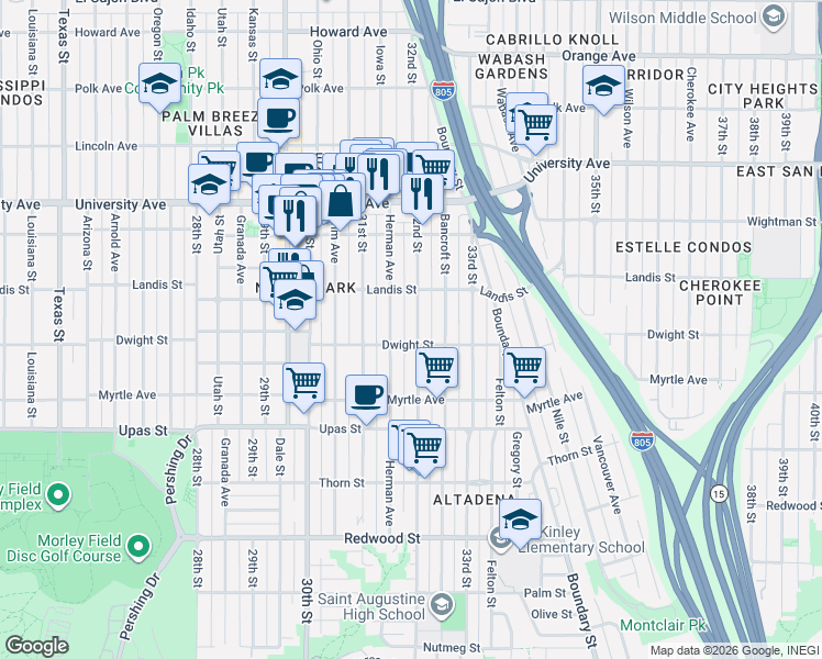 map of restaurants, bars, coffee shops, grocery stores, and more near 3659 Herman Avenue in San Diego