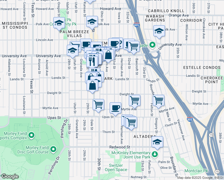 map of restaurants, bars, coffee shops, grocery stores, and more near 3670 31st Street in San Diego