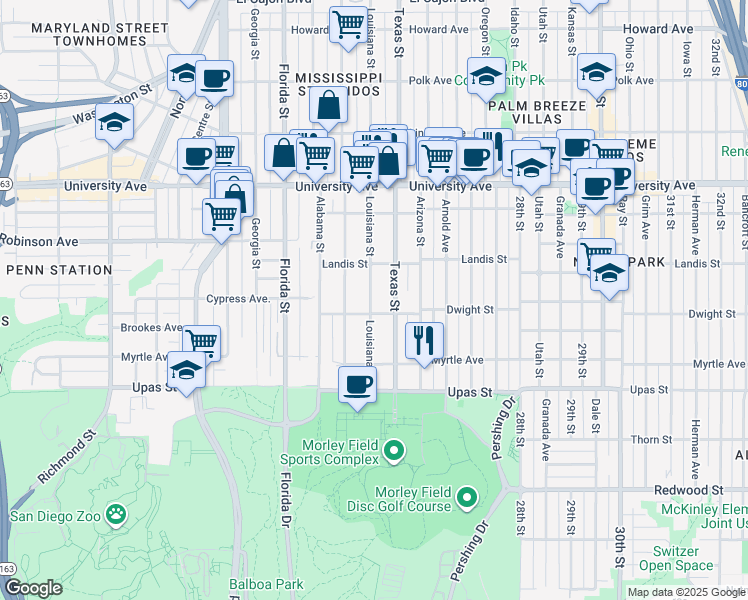 map of restaurants, bars, coffee shops, grocery stores, and more near 3672 Texas Street in San Diego