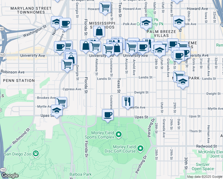 map of restaurants, bars, coffee shops, grocery stores, and more near 3672 Texas Street in San Diego