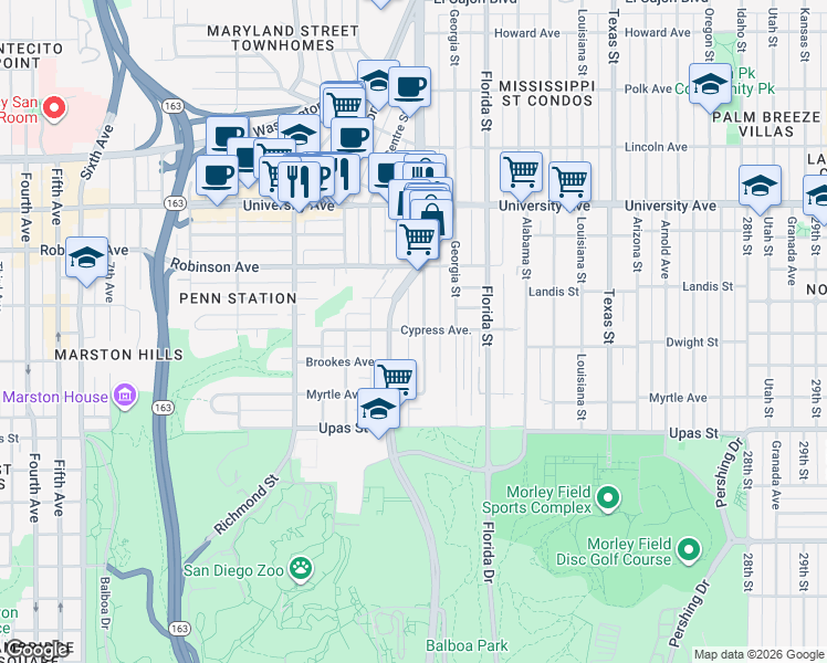 map of restaurants, bars, coffee shops, grocery stores, and more near 3689 Park Boulevard in San Diego