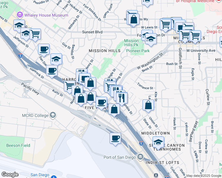 map of restaurants, bars, coffee shops, grocery stores, and more near 1770 Linwood Street in San Diego