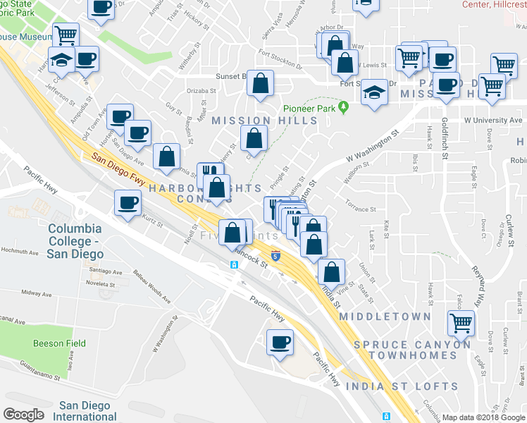 map of restaurants, bars, coffee shops, grocery stores, and more near 1820 Titus Street in San Diego