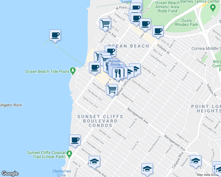 map of restaurants, bars, coffee shops, grocery stores, and more near 4861 Newport Avenue in San Diego