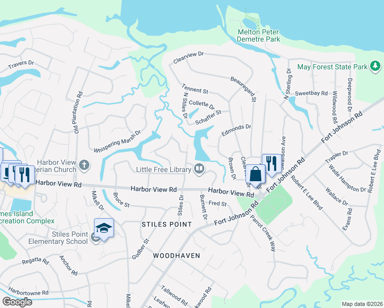 map of restaurants, bars, coffee shops, grocery stores, and more near 725 Stiles Drive in Charleston