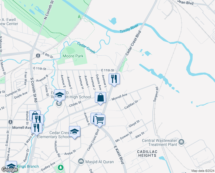 map of restaurants, bars, coffee shops, grocery stores, and more near 3163 Cedar Crest Boulevard in Dallas