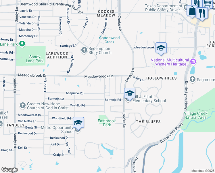 map of restaurants, bars, coffee shops, grocery stores, and more near 34 Meadowbrook Gardens Drive in Fort Worth