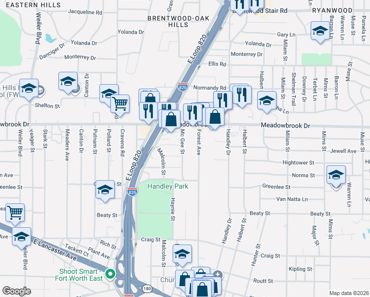 map of restaurants, bars, coffee shops, grocery stores, and more near 2400 Forest Avenue in Fort Worth