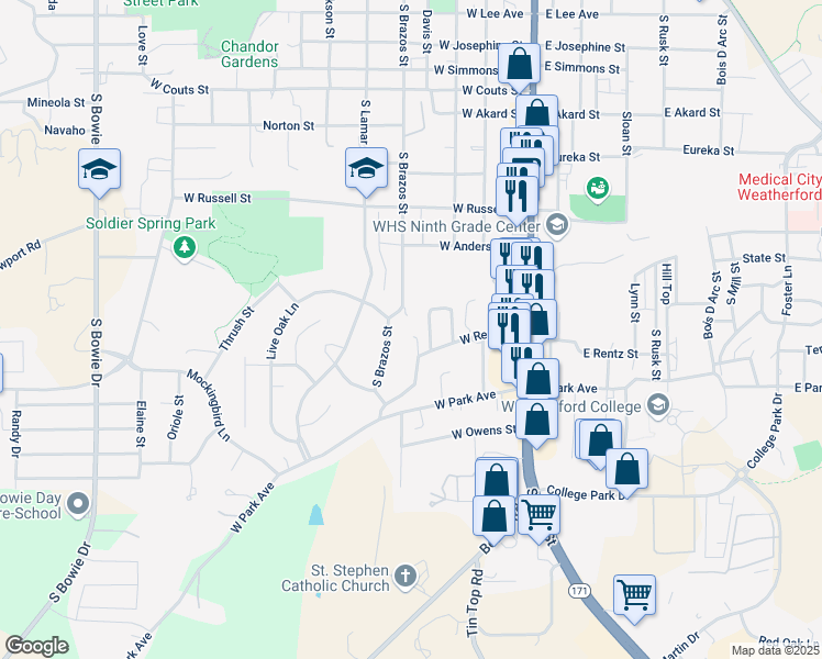 map of restaurants, bars, coffee shops, grocery stores, and more near 224 Rentz Place Circle in Weatherford