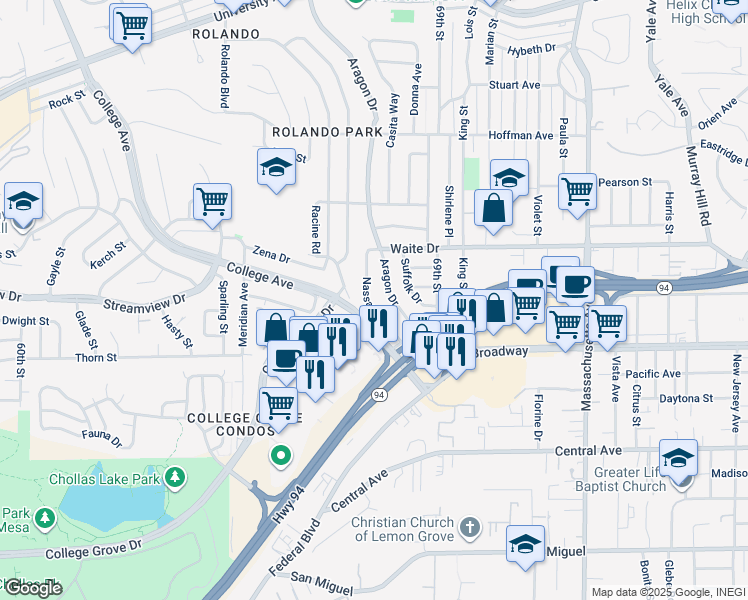 map of restaurants, bars, coffee shops, grocery stores, and more near 3675 Nassau Drive in San Diego