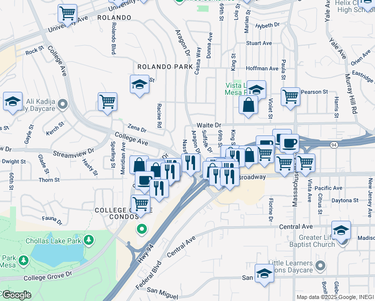 map of restaurants, bars, coffee shops, grocery stores, and more near 3675 Nassau Drive in San Diego
