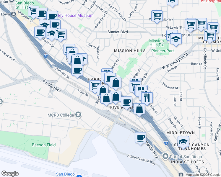 map of restaurants, bars, coffee shops, grocery stores, and more near in San Diego