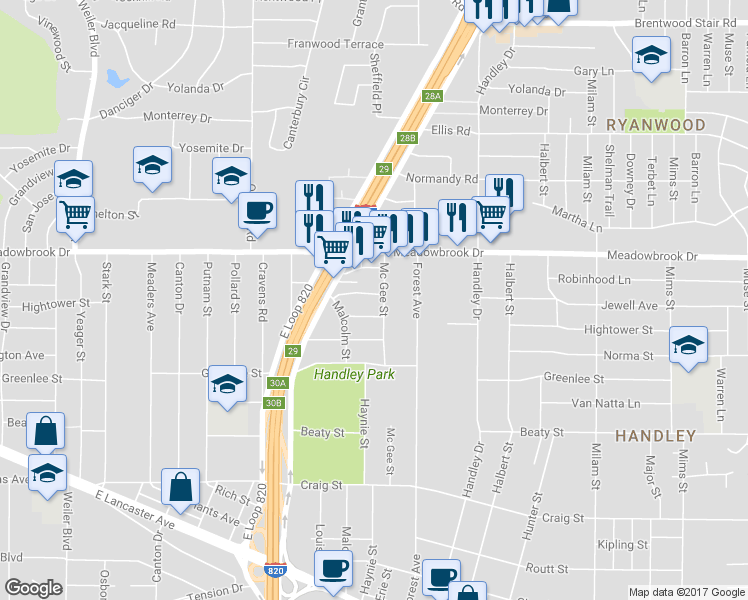 map of restaurants, bars, coffee shops, grocery stores, and more near 6324 Meadowbrook Drive in Fort Worth