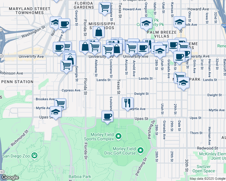 map of restaurants, bars, coffee shops, grocery stores, and more near 3672 Texas Street in San Diego